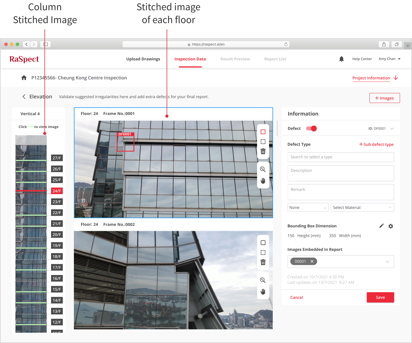 Curtain Wall Inspection, Al-assisted system utilizes video-based reconstruction to locate defects on verticalpanoramic columns of a building's façade.